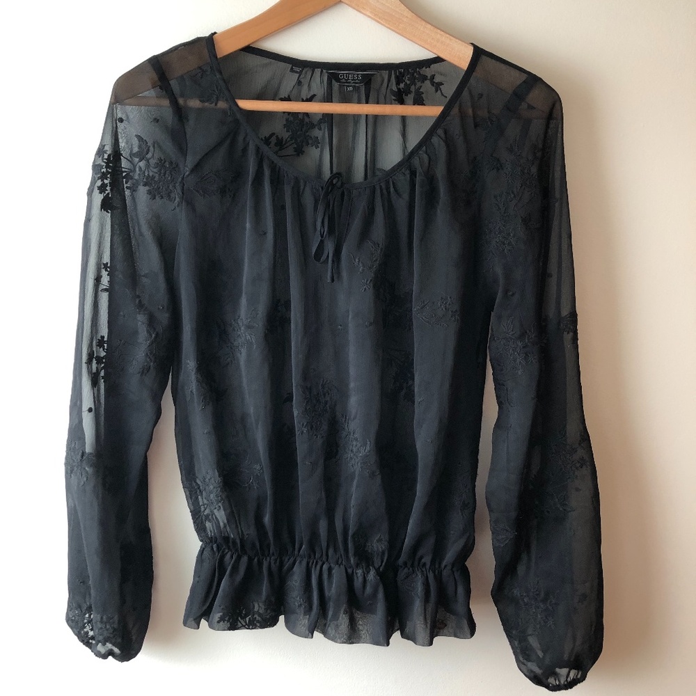 Guess Black Sheer Top with Floral Print NWOT